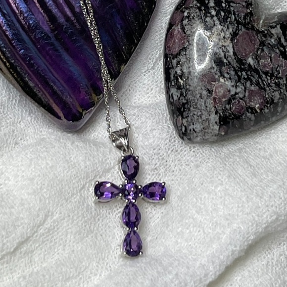 Amethyst & Sterling Silver Cross Necklace 18” Chain Feb. Birthstone Rich Color - Picture 9 of 12